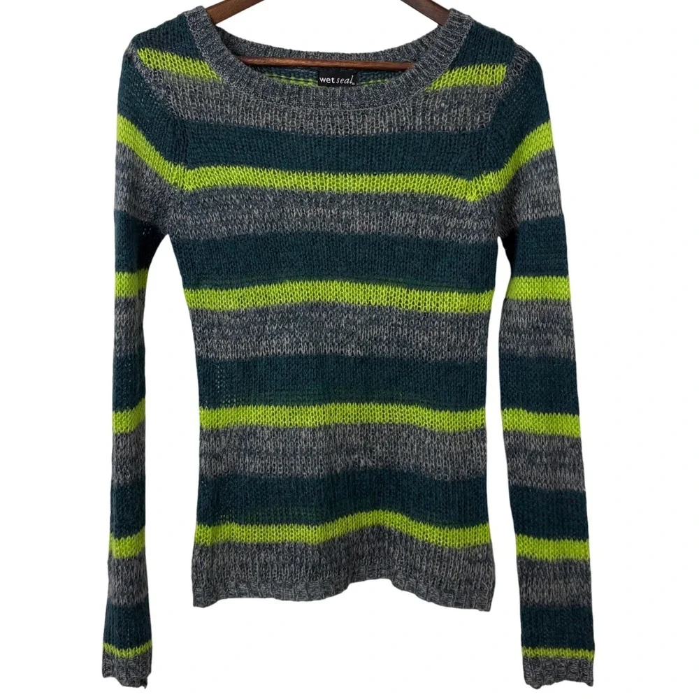 Vintage Y2K Sweater Bella Swan Green Gray‎ Stripe Womens XS Long Sleeves Knit